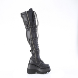 Platform Stretch Thigh-High Boots with Quad Skull Buckle Straps & Inner Zip