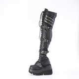 Platform Stretch Thigh-High Boots with Quad Skull Buckle Straps & Inner Zip