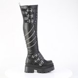 Chunky Heel Square-Toe Over-The-Knee Boots, Shield Detail, Front Zip & Chain Accents
