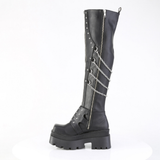 Chunky Heel Square-Toe Over-The-Knee Boots, Shield Detail, Front Zip & Chain Accents