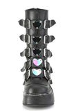 Mid-Calf Boots with 5 Buckle Straps, Colorful Heart-Shaped Metal Plates, and Back Metal Zip Closure