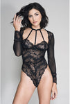 Long sleeve mesh and lace teddy