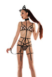 Strappy Kitty Bondage-Inspired Bodysuit Set with Attached Garters