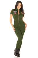Top Gun Flight Suit Costume for Women – 1 PC Spandex Catsuit with Interchangeable Maverick & Goose Name Badges