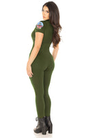 Top Gun Flight Suit Costume for Women – 1 PC Spandex Catsuit with Interchangeable Maverick & Goose Name Badges