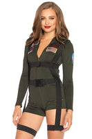 Top Gun Romper Costume for Women – 2 PC Spandex Flight Romper with Body Harness & Interchangeable Maverick and Goose Name Badges