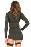Top Gun Romper Costume for Women – 2 PC Spandex Flight Romper with Body Harness & Interchangeable Maverick and Goose Name Badges