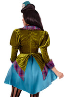 Deluxe Mad Hatter Costume for Women – 3 PC High/Low Velvet Dress with Lace Neck Piece & Mini Clock Hat