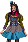 Deluxe Mad Hatter Costume for Women – 3 PC High/Low Velvet Dress with Lace Neck Piece & Mini Clock Hat