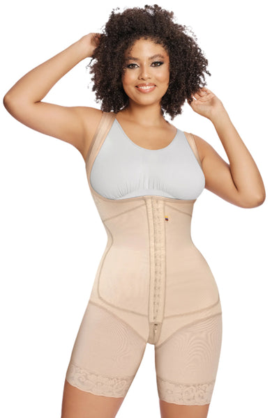 Mid-Leg Body Shaper for Women – Adjustable Cushioned Straps, 3-Row Hook Closure, Crotch Zipper, and Hourglass Compression Fit