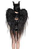 Wicked Fairy Costume Accessory Set for Women, 2-Piece Dark Fairy Halloween Costume with Oversized Black Chiffon Wings & Curved Horn Headband