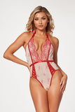 Mesh And Floral Embroidery Halter Neck Teddy