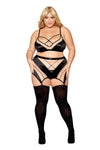 Nude mesh bralette with garter skirt and G-string