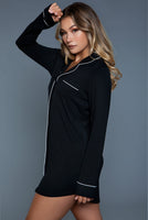 Notched collar long-sleeves sleepshirt set 