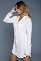 Notched collar long-sleeves sleepshirt set 