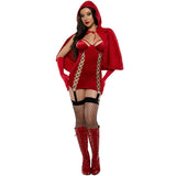 Women’s Velvet Red Riding Hood Costume, Cut-Out Velvet Dress with Faux-Lacing & Attached Garters, Matching Cape & Denier Gloves, Halloween Fairy Tale Outfit