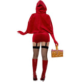 Women’s Velvet Red Riding Hood Costume, Cut-Out Velvet Dress with Faux-Lacing & Attached Garters, Matching Cape & Denier Gloves, Halloween Fairy Tale Outfit