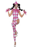 Diamond Clown Teddy Costume for Women with Rhinestone & Tulle Details, Leg Warmers, Wrist Pieces & Clown Hat – Pink & White Circus Costume