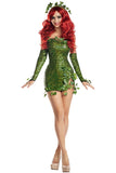 Women’s Poisonous Villain Costume, Green Sequin Dress with Side Slit & Ivy Details, Matching Gloves & Headpiece, Halloween Villain Outfit