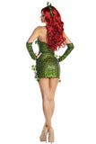 Women’s Poisonous Villain Costume, Green Sequin Dress with Side Slit & Ivy Details, Matching Gloves & Headpiece, Halloween Villain Outfit
