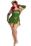 Women’s Poisonous Villain Costume, Green Sequin Dress with Side Slit & Ivy Details, Matching Gloves & Headpiece, Halloween Villain Outfit