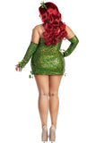 Women’s Poisonous Villain Costume, Green Sequin Dress with Side Slit & Ivy Details, Matching Gloves & Headpiece, Halloween Villain Outfit