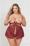 Lace & Strappy Babydoll Set – Open Cups, Flyaway Front, Adjustable Straps, Gold Hardware, G-String