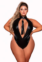 Stretch faux-leather halter teddy