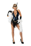 Women’s Jazzy Jezebel Costume, Navy Blue Stretch Sequin Fitted Romper with Fringed Skirt, Gold Faux Diamond Accents, Matching Headpiece & Gloves