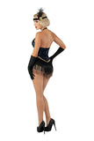 Women’s Jazzy Jezebel Costume, Navy Blue Stretch Sequin Fitted Romper with Fringed Skirt, Gold Faux Diamond Accents, Matching Headpiece & Gloves