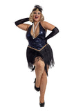 Women’s Jazzy Jezebel Costume, Navy Blue Stretch Sequin Fitted Romper with Fringed Skirt, Gold Faux Diamond Accents, Matching Headpiece & Gloves
