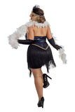 Women’s Jazzy Jezebel Costume, Navy Blue Stretch Sequin Fitted Romper with Fringed Skirt, Gold Faux Diamond Accents, Matching Headpiece & Gloves