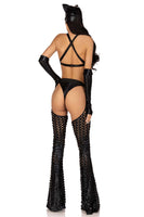 Sexy Catwoman Costume for Women – 3 Piece Strappy Cut-Out Bodysuit with Gloves & Cat Ear Skull Cap