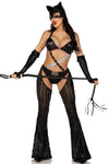 Sexy Catwoman Costume for Women – 3 Piece Strappy Cut-Out Bodysuit with Gloves & Cat Ear Skull Cap