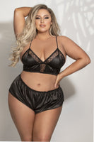 Satin & Lace Long Line Bralette and Tap Short Set – Adjustable Straps, Picot Trim, Gold Hardware