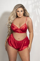 Satin & Lace Long Line Bralette and Tap Short Set – Adjustable Straps, Picot Trim, Gold Hardware
