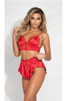Satin & Lace Long Line Bralette and Tap Short Set – Adjustable Straps, Picot Trim, Gold Hardware