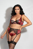 Leopard Print Satin & Lace 3-Piece Bra Set – Underwire Lingerie with Garter Belt, Rhinestone & Gold Hardware