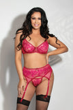 Embroidered Bra Set – Underwire Bra with Satin Ribbon Bow, Garter Belt & Panty with Gold Charm