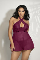 Lace & Mesh Babydoll Lingerie Set – Underwire Babydoll with Adjustable Halter Neck, Flyaway Back & G-String