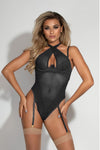 Lace & Mesh Teddy Lingerie – Underwire Bodysuit with Adjustable Halter Neck, High Cut Leg & Attached Garters