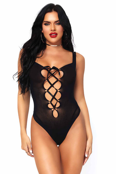 Opaque Lace Up Thong Teddy
