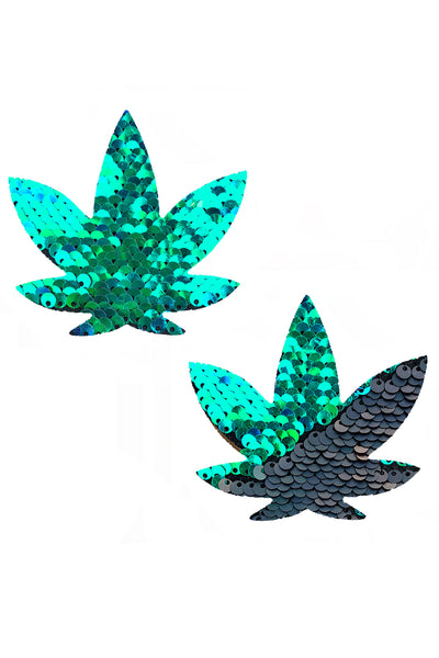 Ariel Green to Black Flip Sequin Gold Dope AF Weed Leaf Pasties