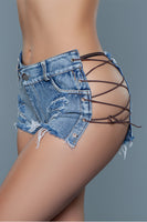 Mid rise denim shorts with tie up side