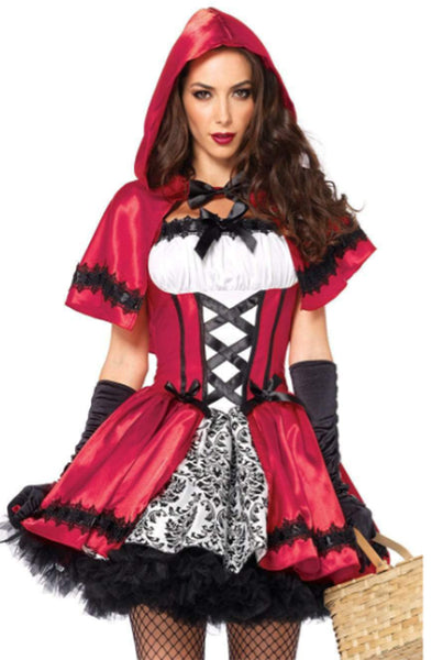 Gothic Red Riding Hood Plus Size Costume for Women – 2 PC Satin & Brocade Peasant Dress with Hooded Cape