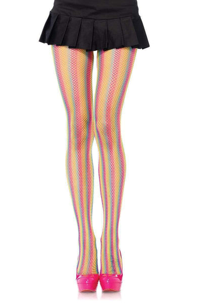 Neon rainbow striped fishnet tights