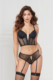 Lace & Fishnet Cropped Bustier – Underwire Molded Balconette Cups, Plunging "V" Front, Removable Garters, Pearl Charm Panty