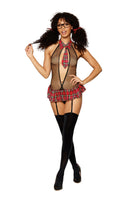 Schoolgirl-themed fishnet garter teddy set