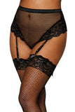 High waisted mesh and lace garter thong