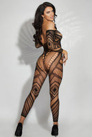 Sexy Long Sleeve Bodystocking – Sheer Lingerie with Plunging Neckline & Geo Pattern